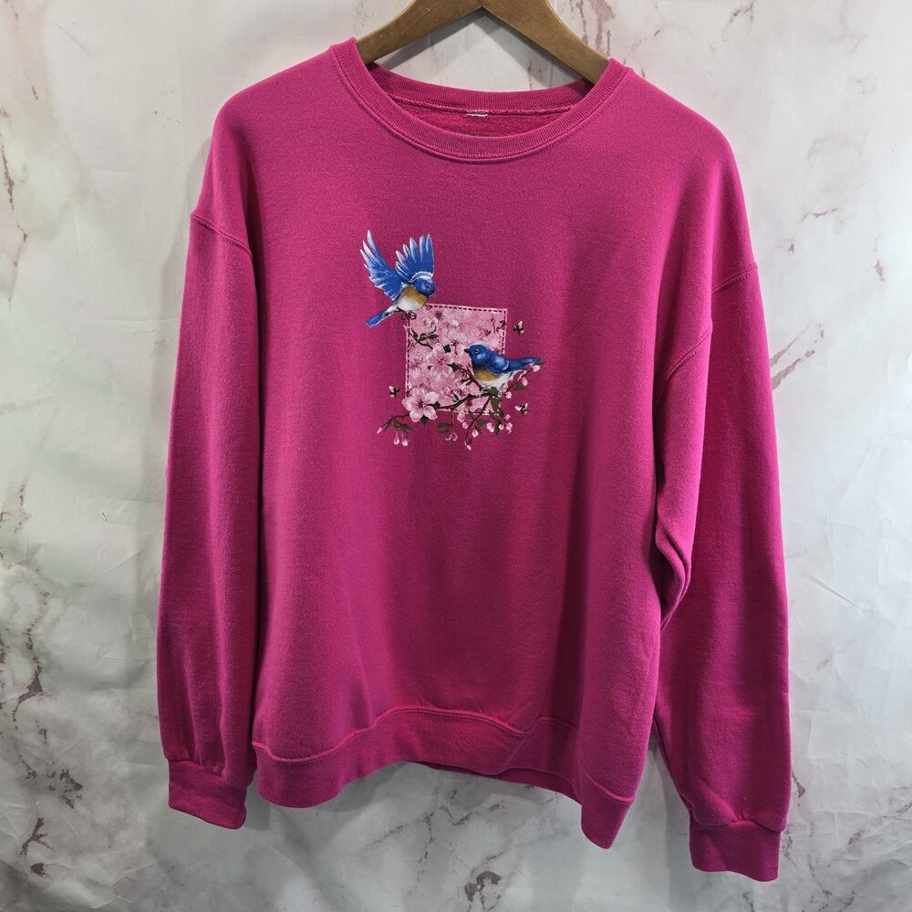 Vintage Sweatshirt Womens Large Pink 90s Blue Birds Cherry Apple Blossoms Bees